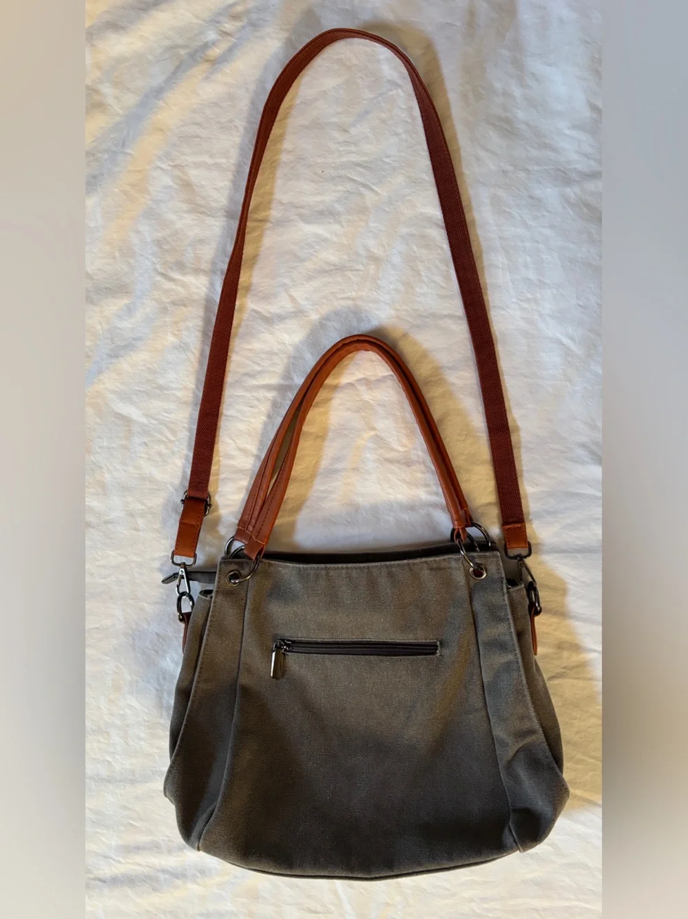 Gray Canvas Convertible Tote Crossbody Bag Multi Pocket Brown Strap
